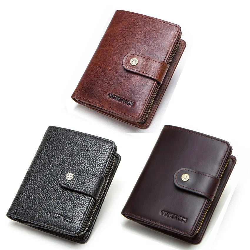 ONTACT'S Genuine Leather Short Wallets for Men RFID Vintage Coin Purse Card Holder Male Money Clip Women‘s Wallet Bag HandbagC