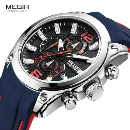 Reloj Megir de cuarzo analógico con cronógrafo para hombre, fecha, manecillas luminosas y correa de silicona resistente al agua.