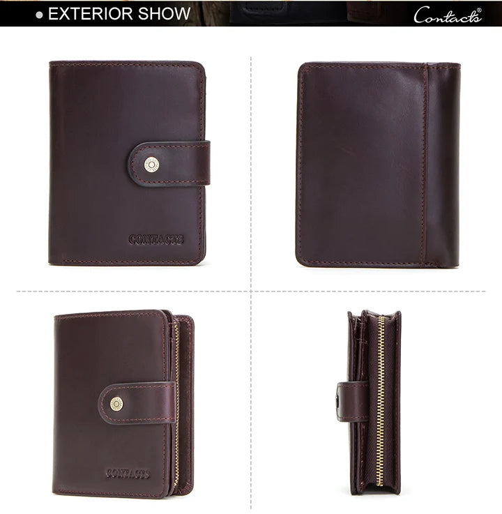 ONTACT'S Genuine Leather Short Wallets for Men RFID Vintage Coin Purse Card Holder Male Money Clip Women‘s Wallet Bag HandbagC