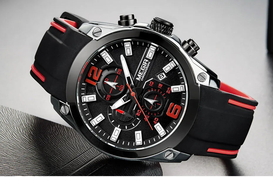 Reloj Megir de cuarzo analógico con cronógrafo para hombre, fecha, manecillas luminosas y correa de silicona resistente al agua.