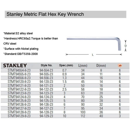 Stanley-mini chave allen curta e lisa, 1 peça, 0.7mm, 0.9mm, 1.3mm, 1.5mm, 3mm, 4mm, 5mm, 6mm, 7mm, 8mm, 10mm, s2, liga de aço