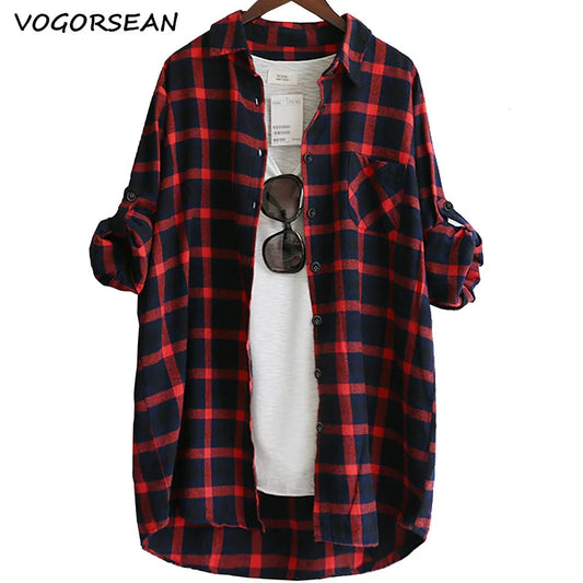 Blusa holgada informal a cuadros para mujer, manga larga, talla grande, color rojo y verde, 2021