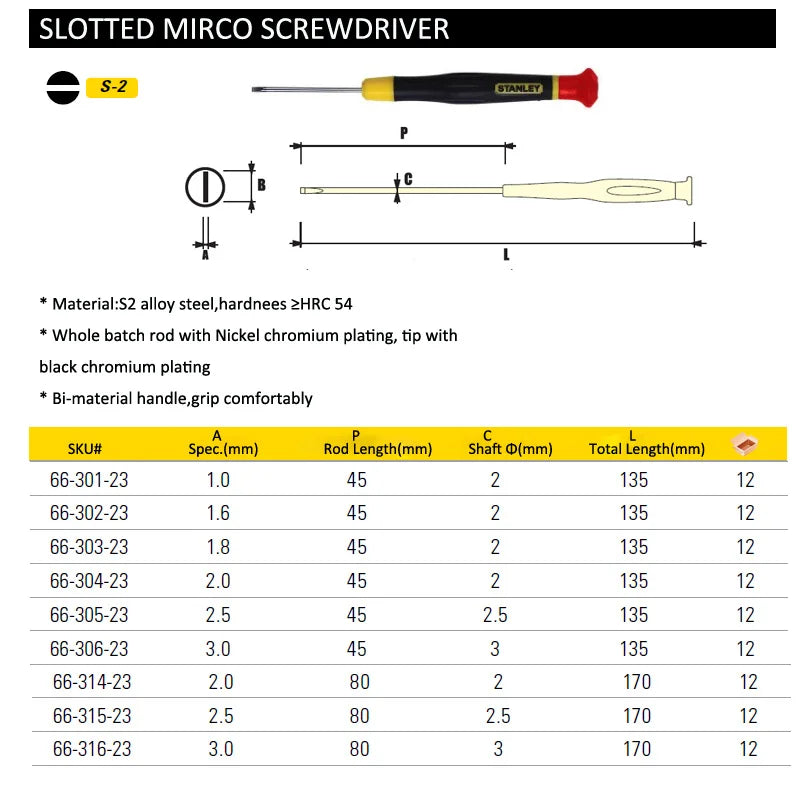 Stanley-mini parafusadeira de precisão com ponta plana, 1.0mm, 1.6mm, 1.8mm, 2.0mm, 3mm, ferramentas para abertura