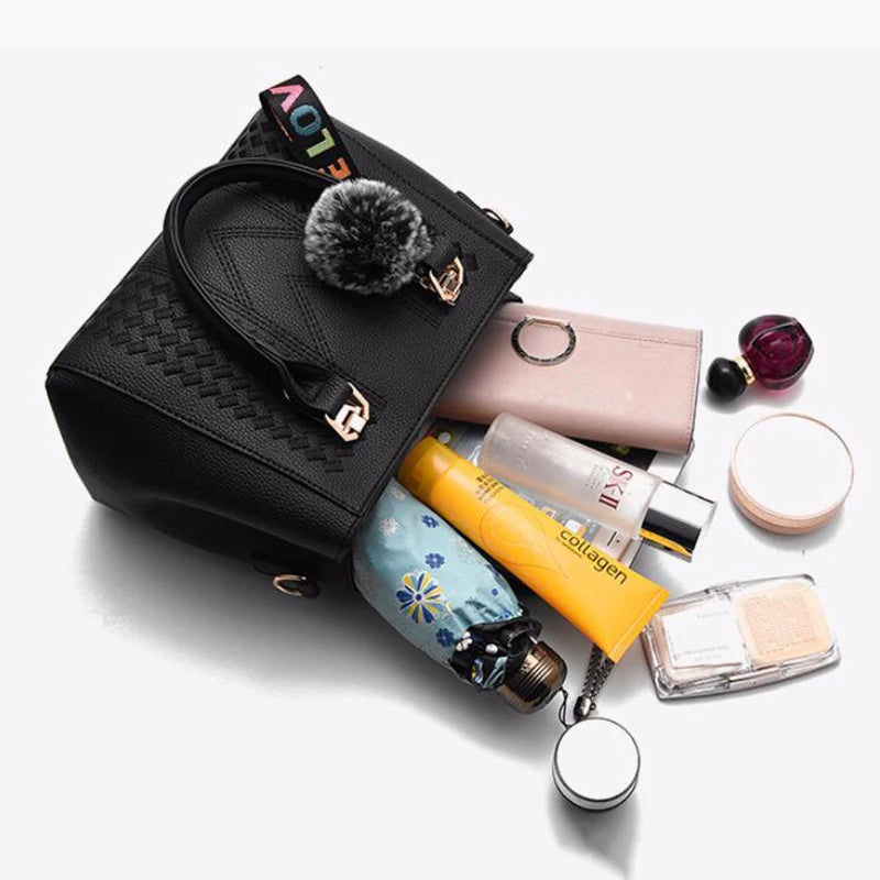 Embroidery Messenger Bags Women Leather Handbags Bags for Women Sac a Main Ladies Hair Ball Hand Bag