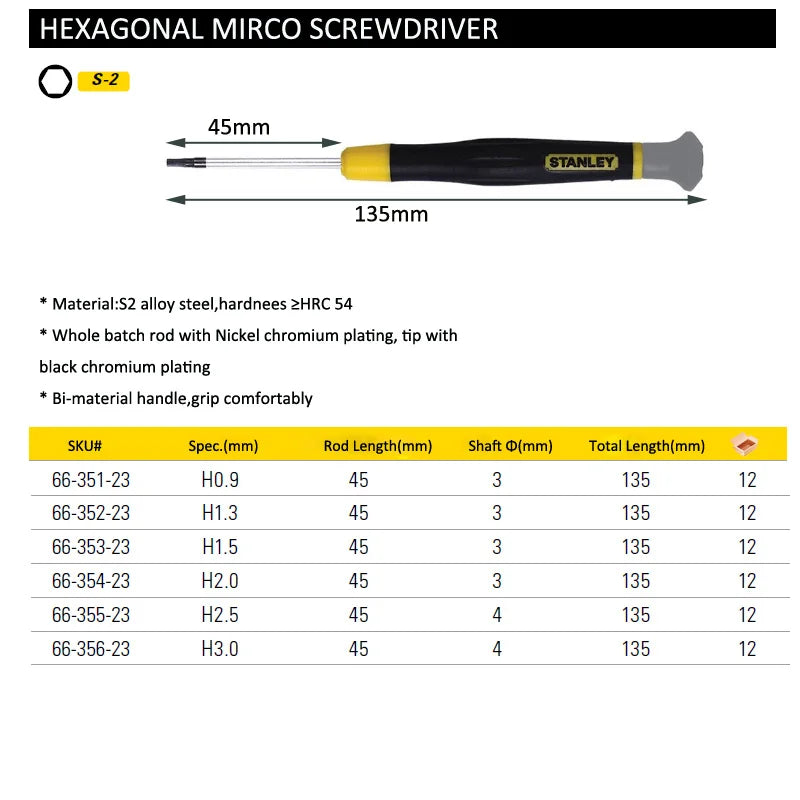 Stanley-Mini Precision Screwdriver, Micro Hex, Screw Tools, magnetic tips, 0.9mm, 1.3mm, 1.5mm, 2.0mm, 2.5mm, 3.0mm