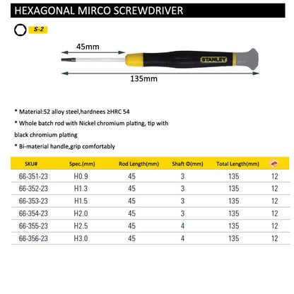 Destornillador de precisión Stanley-Mini, microhexagonal, puntas magnéticas, 0,9 mm, 1,3 mm, 1,5 mm, 2,0 mm, 2,5 mm y 3,0 mm 