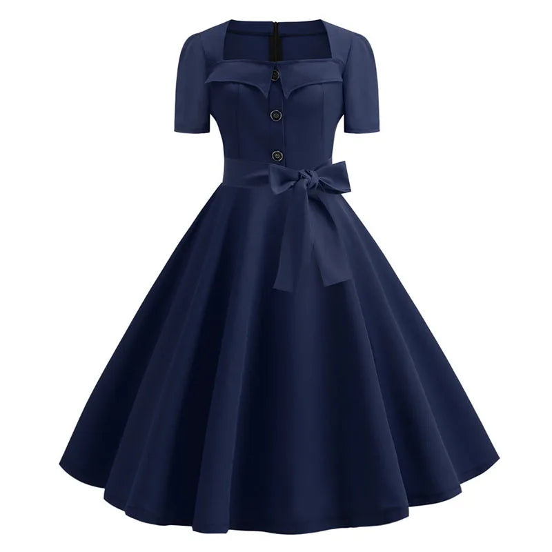 Women Square Collar Elegant Vintage Summer Dress Short Sleeve Midi Dress Robe Femme Casual Office Party Dress