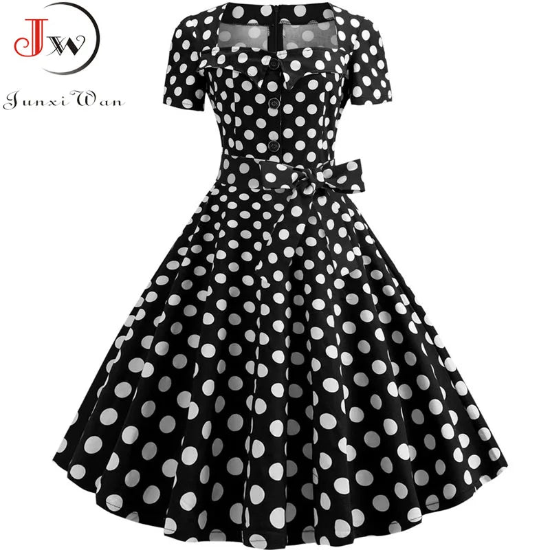 Women Square Collar Elegant Vintage Summer Dress Short Sleeve Midi Dress Robe Femme Casual Office Party Dress