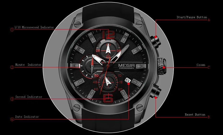 Reloj Megir de cuarzo analógico con cronógrafo para hombre, fecha, manecillas luminosas y correa de silicona resistente al agua.