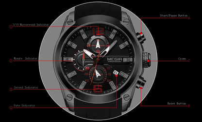Reloj Megir de cuarzo analógico con cronógrafo para hombre, fecha, manecillas luminosas y correa de silicona resistente al agua.