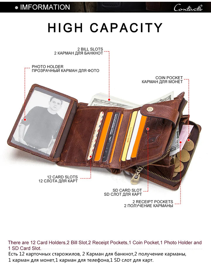 ONTACT'S Genuine Leather Short Wallets for Men RFID Vintage Coin Purse Card Holder Male Money Clip Women‘s Wallet Bag HandbagC