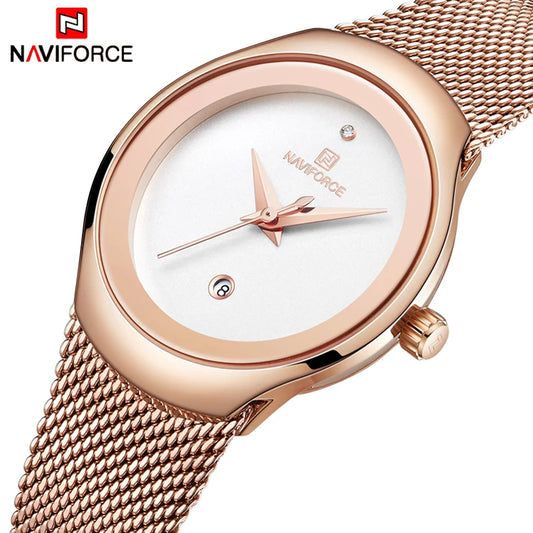 NAVIFORCE Reloj de Moda para Mujer, Relojes de Cuarzo para Mujer, Reloj de Pulsera Impermeable de Acero Inoxidable, Reloj Simple para Niña, Reloj Femenino