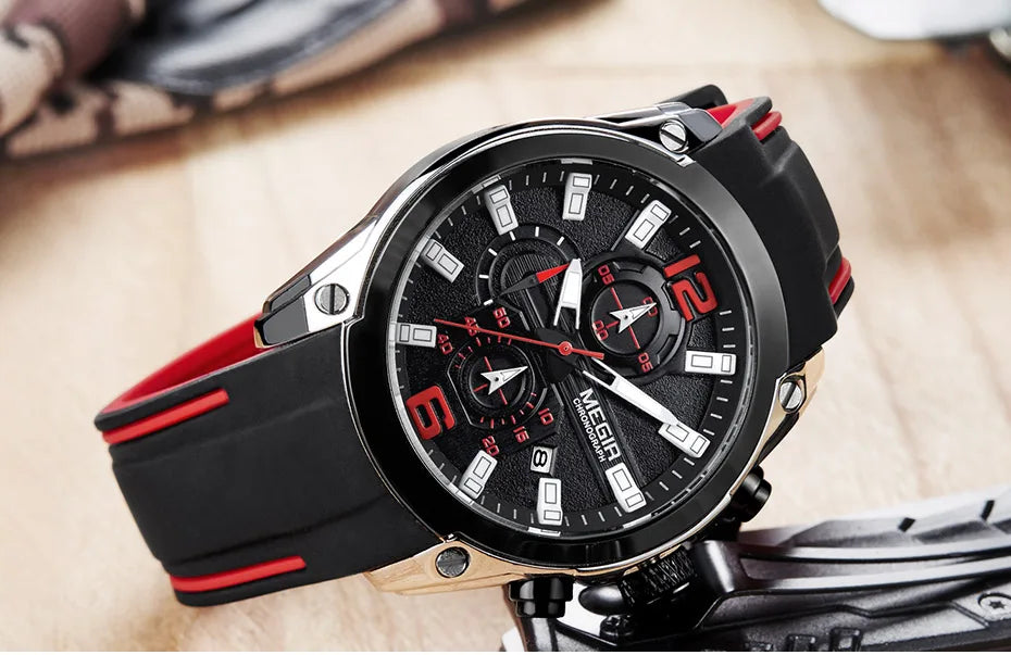 Reloj Megir de cuarzo analógico con cronógrafo para hombre, fecha, manecillas luminosas y correa de silicona resistente al agua.