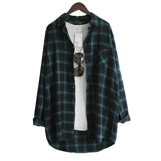 Blusa holgada informal a cuadros para mujer, manga larga, talla grande, color rojo y verde, 2021