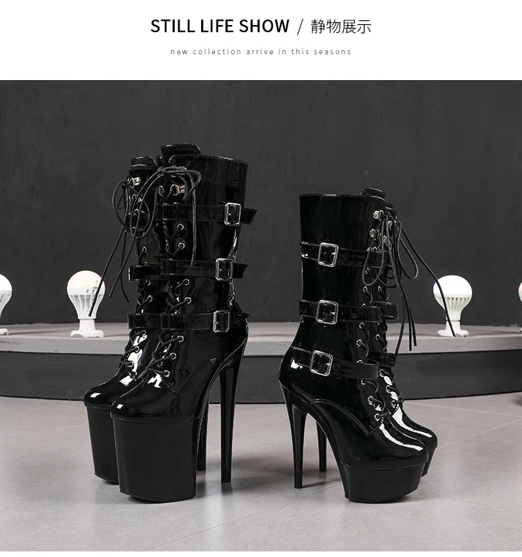 Nightclub Platform Women's Shoes 8 Inch Pole Dancing Pumps 20CM Thin High Heels Mid Tube Boots Design Buckle Sexy Stripper Show