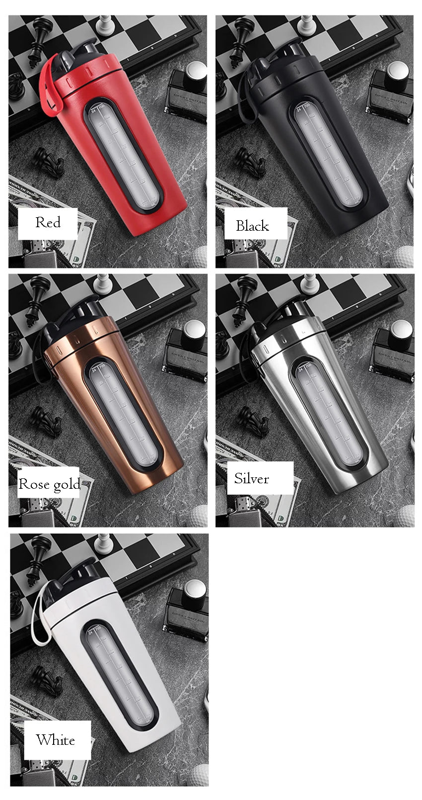 1Pc 700ML Stainless Steel Sports Water Mugs Shaker Bottles With Scale, Outdoor Gym Fitness Shake Cup Protein Powder Mixer Bottle