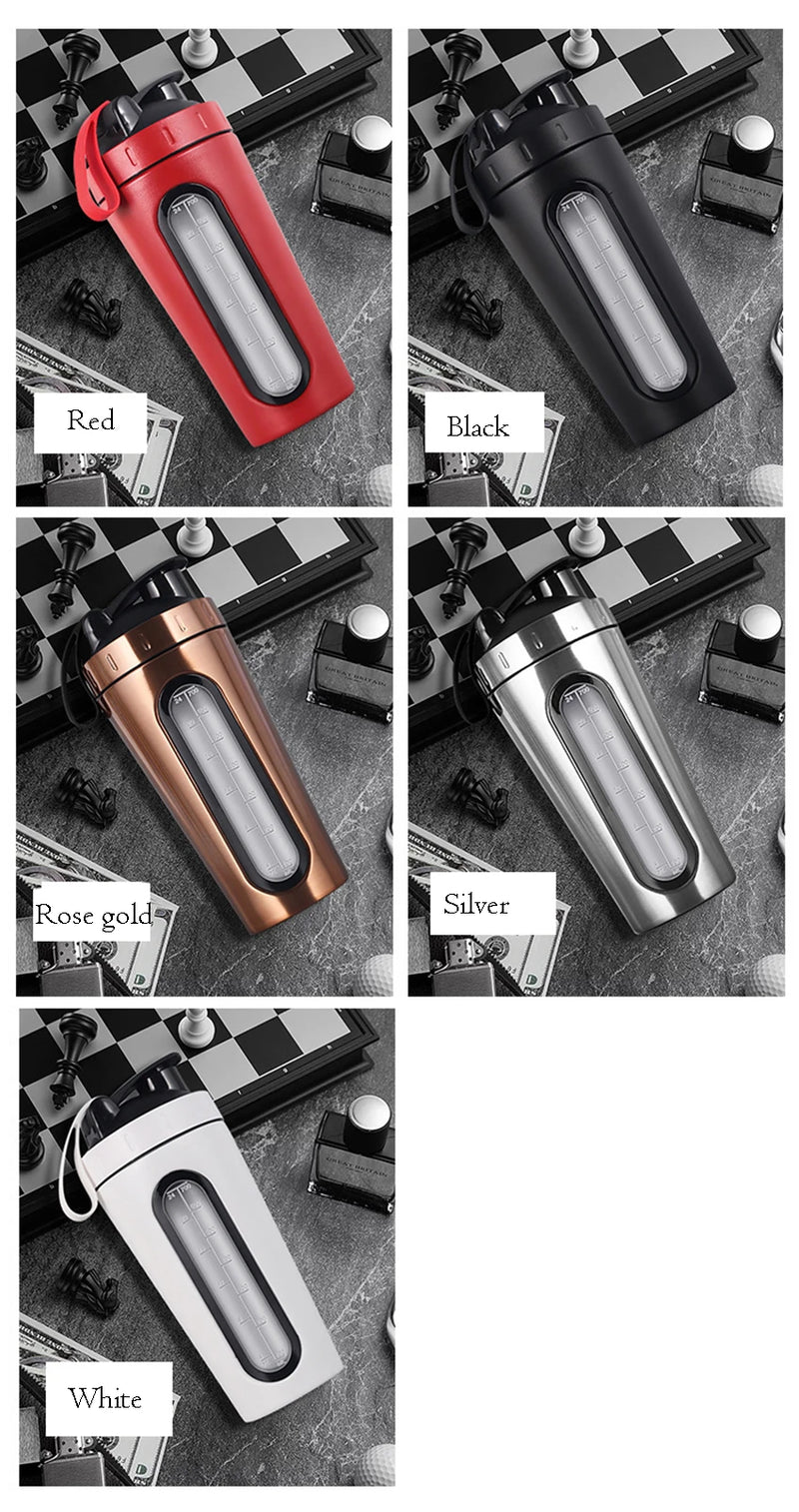 1Pc 700ML Stainless Steel Sports Water Mugs Shaker Bottles With Scale, Outdoor Gym Fitness Shake Cup Protein Powder Mixer Bottle