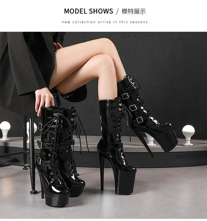 Nightclub Platform Women's Shoes 8 Inch Pole Dancing Pumps 20CM Thin High Heels Mid Tube Boots Design Buckle Sexy Stripper Show