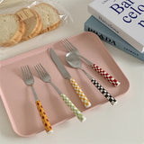 Ins Style Dessert Steak Stainless Steel Knife Fork Spoon Kitchen Dinnerware Checkerboard Lattice Glossy Ceramic Handle 3pcs/set
