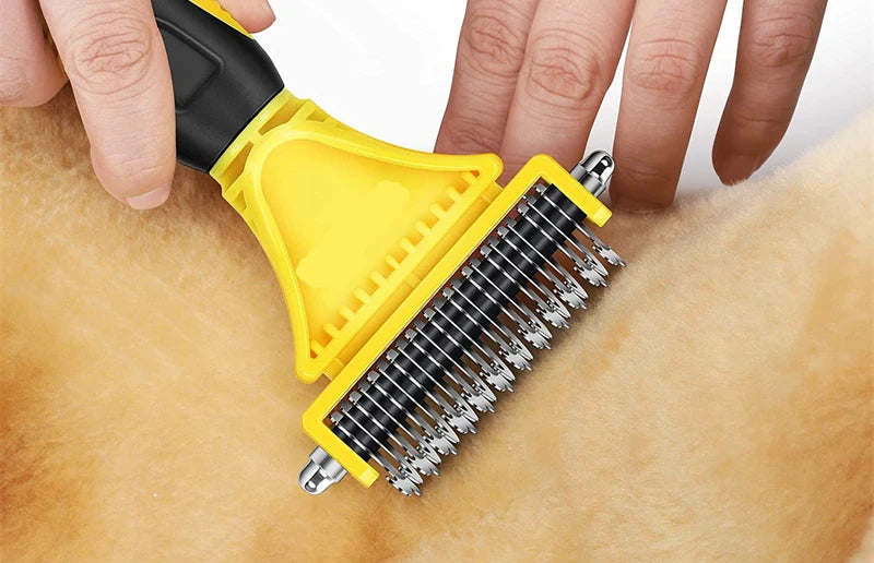 Cepillo de aseo de acero inoxidable para mascotas, de dos caras, para quitar el pelo suelto y desenredar la capa interna, peine rastrillo para perros y gatos, elimina nudos y enredos fácilmente.