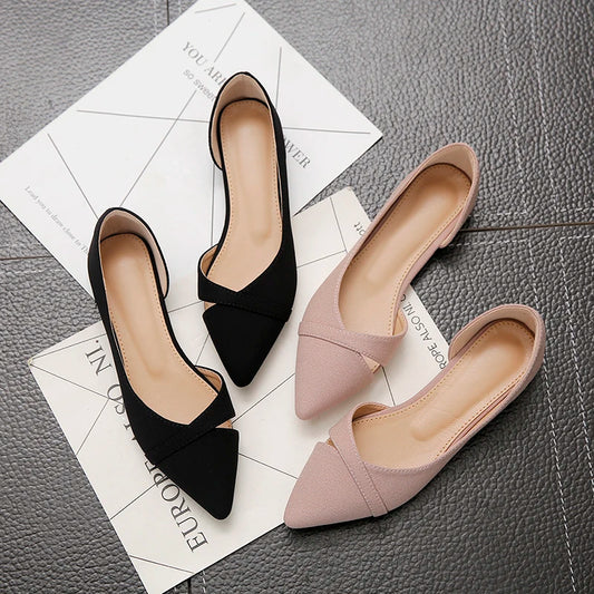 Women's Flats Pink Black Pure Color Plus Small Size 33 34 Large 41 42 43 44 Suede Leather Pointed Toe Office Lady Flat Heel Shoes