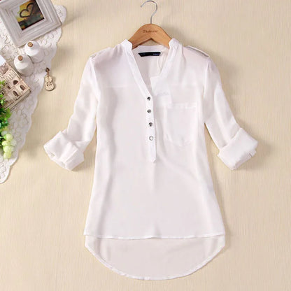 Blusa feminina botões gola v chiffon, camisa feminina manga comprida casual escritório elegante tops p5