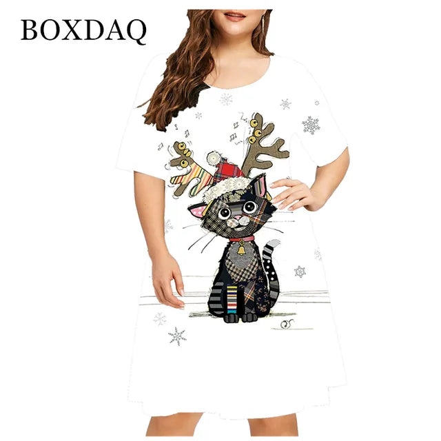 2021 Summer New Cute Cat Print Dress Women Short Sleeve Casual Mini Dress Ladies Streetwear Fashion Female Clothing Plus Size 4XL 