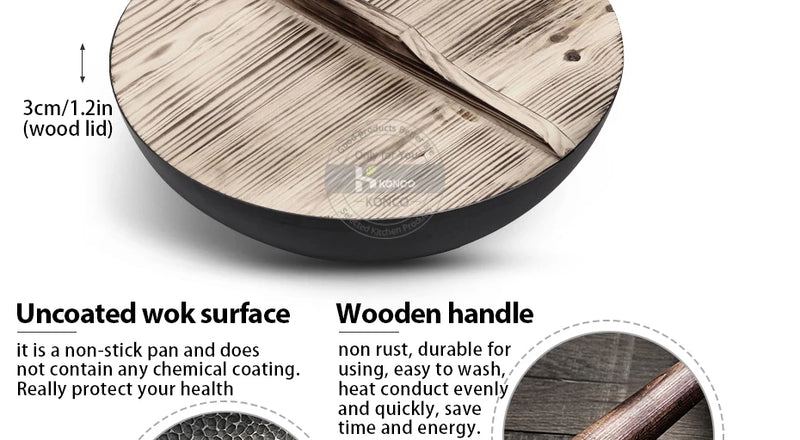 Konco Pure Iron wok cast iron pan Non-coated Pot General use for Gas and Induction Cooker 32cm Chinese Wok Cookware Pan