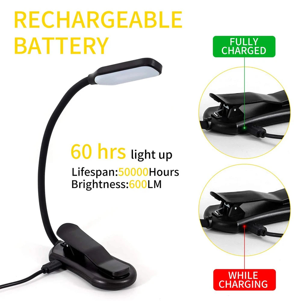 Rechargeable Book Reading Light Lamp, LED Book Light for Reading in Bed - Eye Caring Adjustable Brightness 3 Color Temperatures