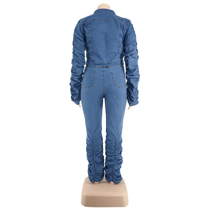 Plus Size Sets Clothing Women Two Piece Set Fall Outfits Long Sleeve Denim Coat and Jeans Stacked Pant Dropshipping Wholesale