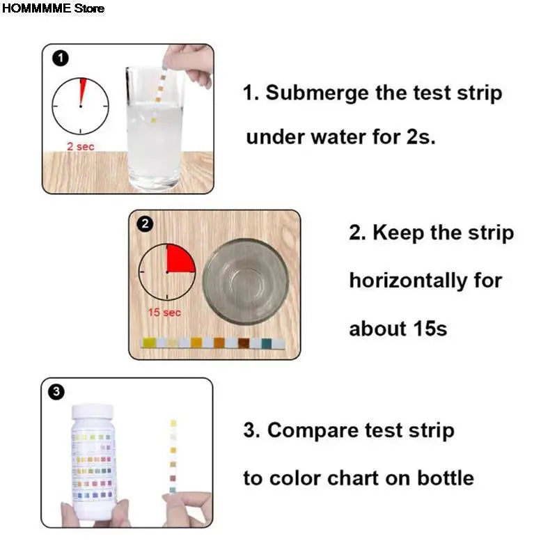 Tiras de prueba de cloro y pH multiusos 6 en 1, 50 unidades por botella, para piscinas y spas.