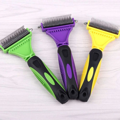 Cepillo de aseo de acero inoxidable para mascotas, de dos caras, para quitar el pelo suelto y desenredar la capa interna, peine rastrillo para perros y gatos, elimina nudos y enredos fácilmente.