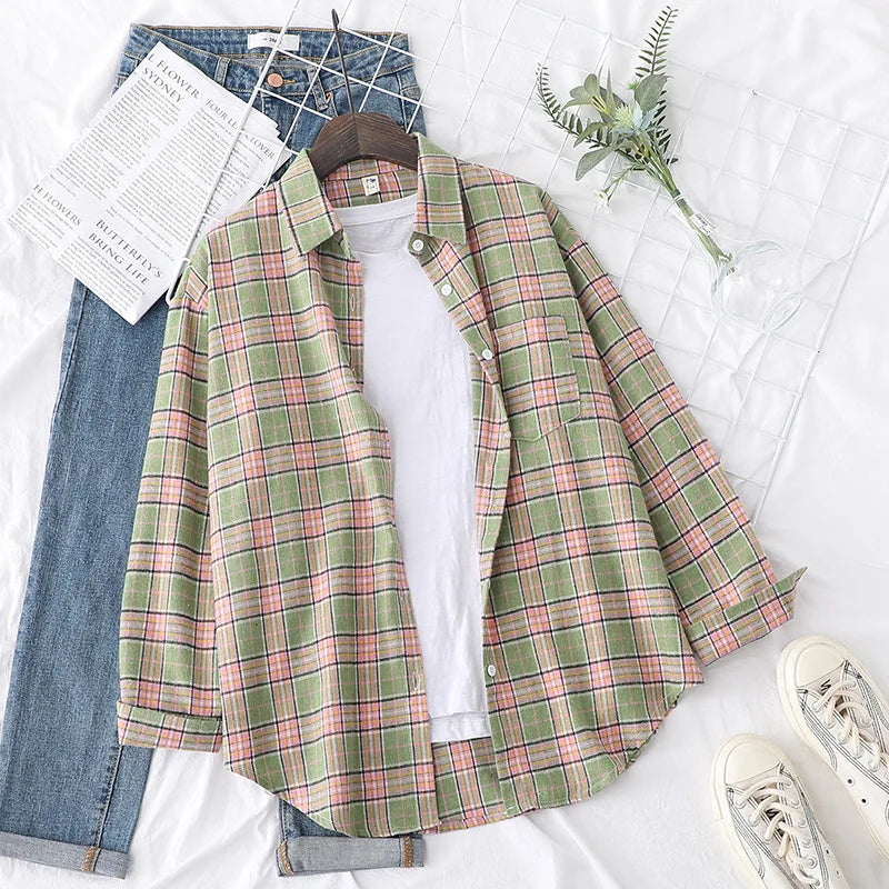 Casual Women's Plaid Shirt 2025 Spring Autumn New Ladies Loose Blouse and Tops Female Long Sleeve Shirts Fresh Checked Clothes