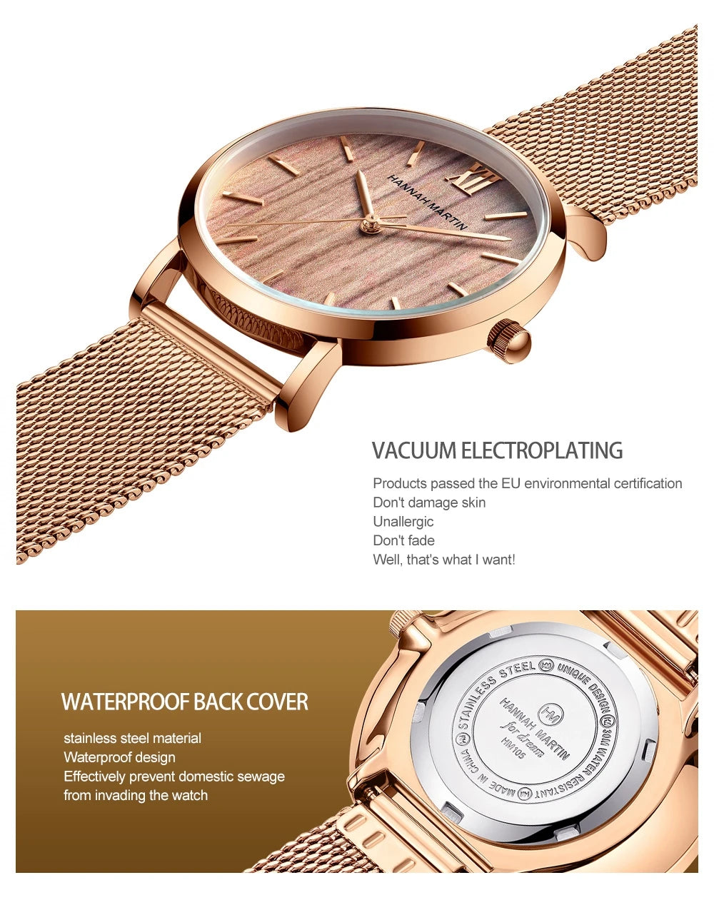 HANNAH MARTIN Women Watch Nordic Minimalist Japan Quartz Movement 3Bar Waterproof Women 36mm Full Rose Gold Dropshipping Watches