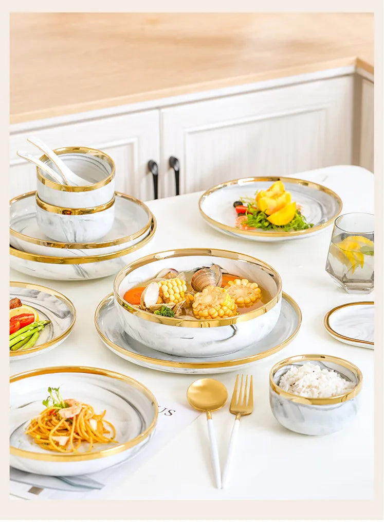 New Double-sided Gilt Rim Gray Marble Pattern Gilt Rim Porcelain Dinner Plate Set  Salad Noodles Bowl Ceramic Tableware
