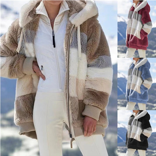 Women Fall Winter Warm Plush Hooded Coat Contrast Color Long Sleeve Zip Up Thick Cardigan Jacket 2021 E-Girls Streetwear Outwear