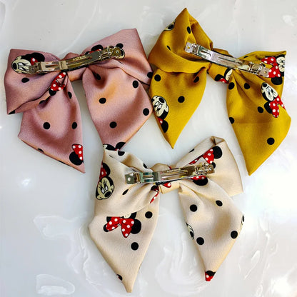 Hairpin Mickey Bow de abas largas para meninas, All-Match Minnie Hairpin, tecido artesanal, clipe de primavera, acessórios fofos para meninas, novos