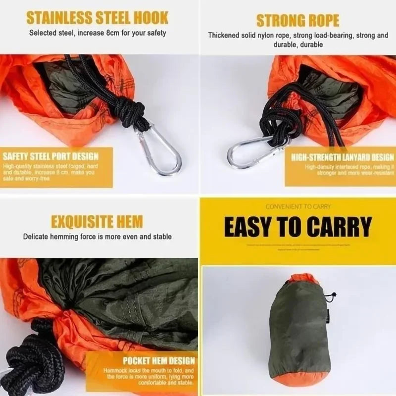 Outdoor Camping Hammock with Color Matching Nylon, High Strength Parachute Fabric, Portable Hanging Bed, Single Person 
