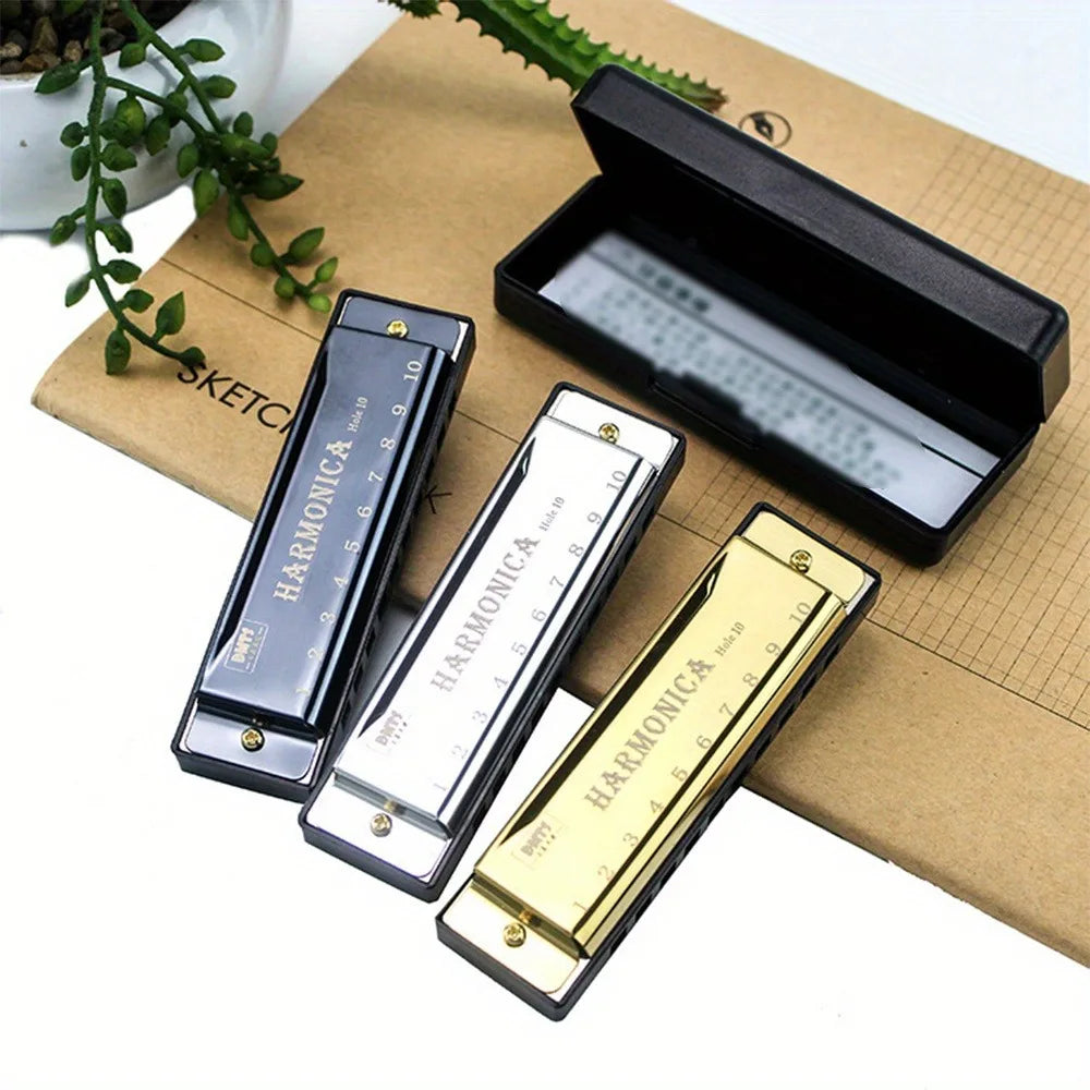 Harmonica cromática com estojo para iniciantes, chave de C, 10 buracos, presente para estudantes e crianças