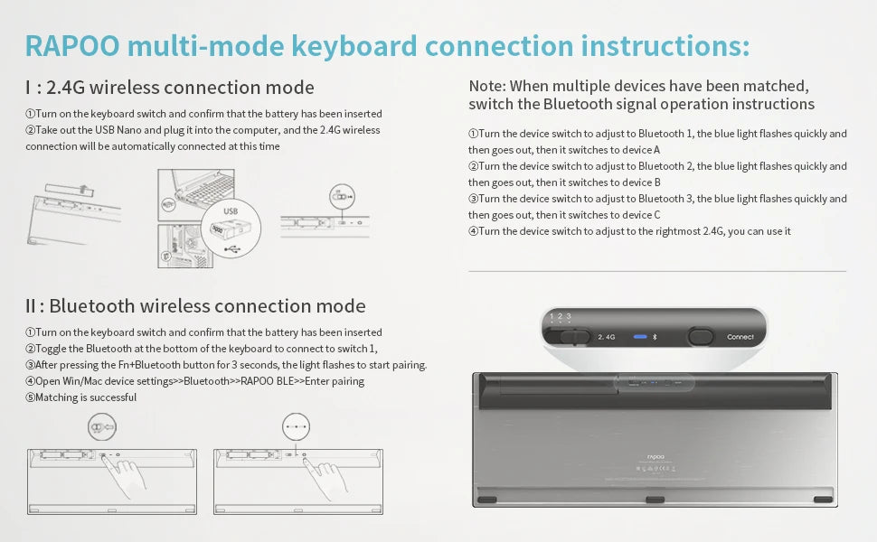 Rapoo 9900M Multi-Mode Bluetooth Wireless Keyboard and Mouse Combo Connect Up to 4 Devices Ultra-Slim Keyboard and Laser Mouse