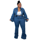 Plus Size Women's Two Piece Set Fall Outfits Long Sleeve Denim Coat and Jeans Stacked Pant Dropshipping Wholesale