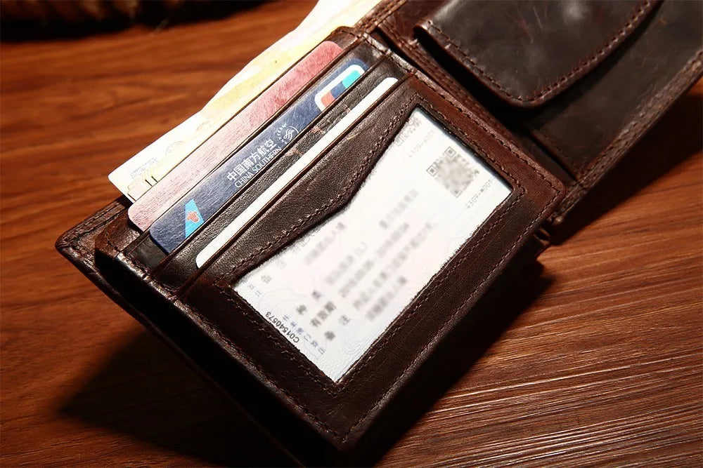 GENODERN Cow Leather Men Wallets with Coin Pocket Vintage Male Purse RFID Blocking Genuine Leather Men Wallet with Card Holders