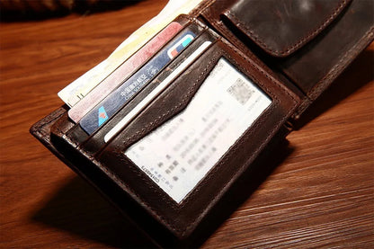 GENODERN Cow Leather Men Wallets with Coin Pocket Vintage Male Purse RFID Blocking Genuine Leather Men Wallet with Card Holders