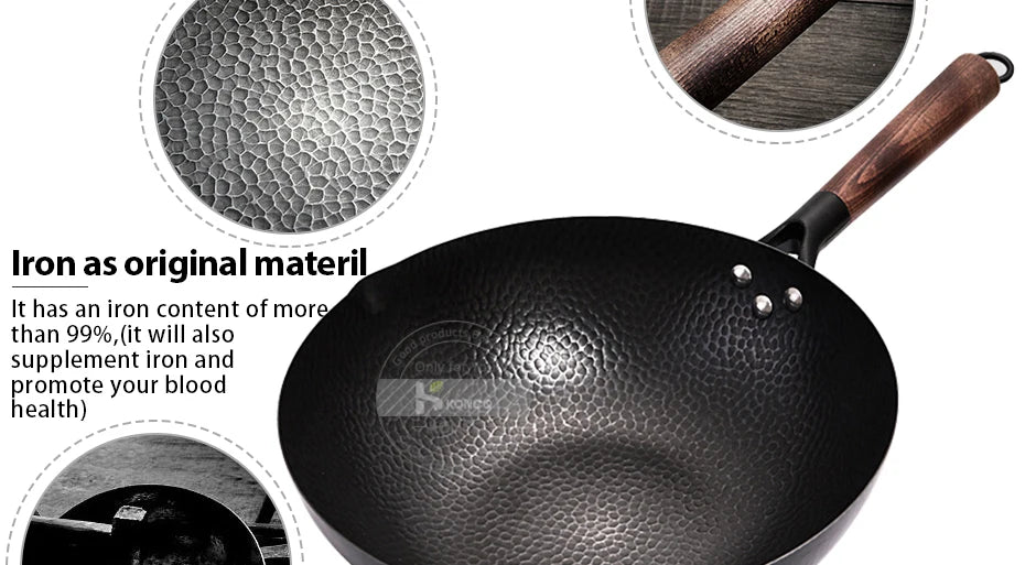 Konco Pure Iron wok cast iron pan Non-coated Pot General use for Gas and Induction Cooker 32cm Chinese Wok Cookware Pan