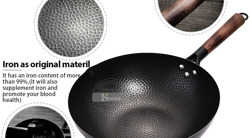 Konco Pure Iron wok cast iron pan Non-coated Pot General use for Gas and Induction Cooker 32cm Chinese Wok Cookware Pan