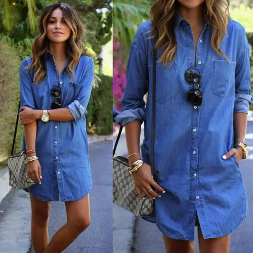 Venta directa de fábrica de vestidos vaqueros de mezclilla para mujer, vestidos casuales de manga larga con botones para verano