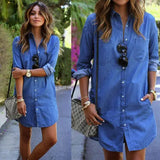 Venta directa de fábrica de vestidos vaqueros de mezclilla para mujer, vestidos casuales de manga larga con botones para verano