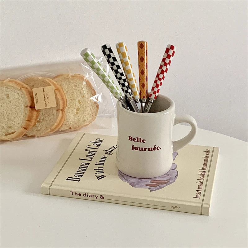 Ins Style Dessert Steak Stainless Steel Knife Fork Spoon Kitchen Dinnerware Checkerboard Lattice Glossy Ceramic Handle 3pcs/set