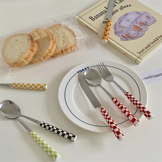 Ins Style Dessert Steak Stainless Steel Knife Fork Spoon Kitchen Dinnerware Checkerboard Lattice Glossy Ceramic Handle 3pcs/set