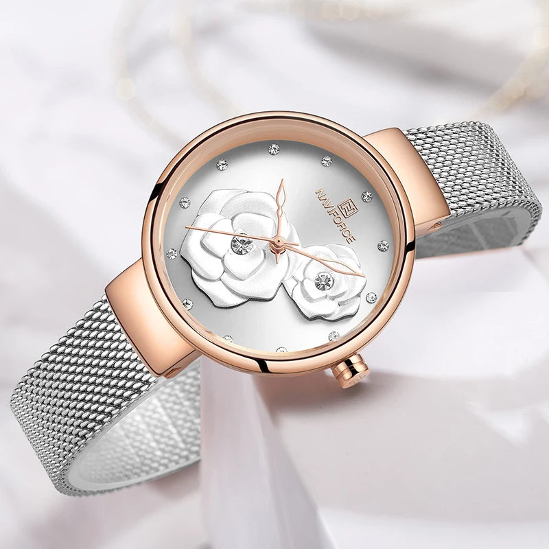 Reloj para mujer NAVIFORCE, marca de lujo superior, malla de acero, resistente al agua, relojes para mujer, reloj de pulsera femenino de cuarzo con flores, reloj encantador para chica.